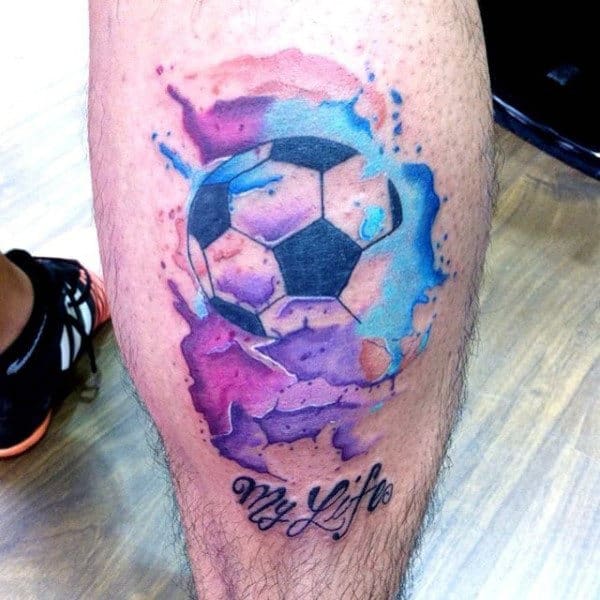 Watercolor Soccerball Mens Leg Tattoos
