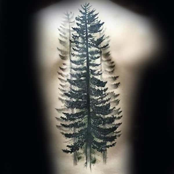 Watercolor Spine Back Pine Tree Guys Tattoos