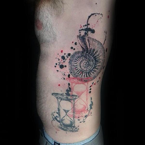 Watercolor Splattered Paint Rib Cage Seashell Tattoos For Guys