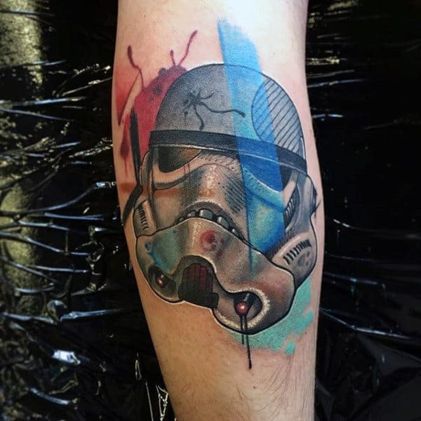 Watercolor Stormtrooper Helmet Tattoos For Guys On Leg Calf