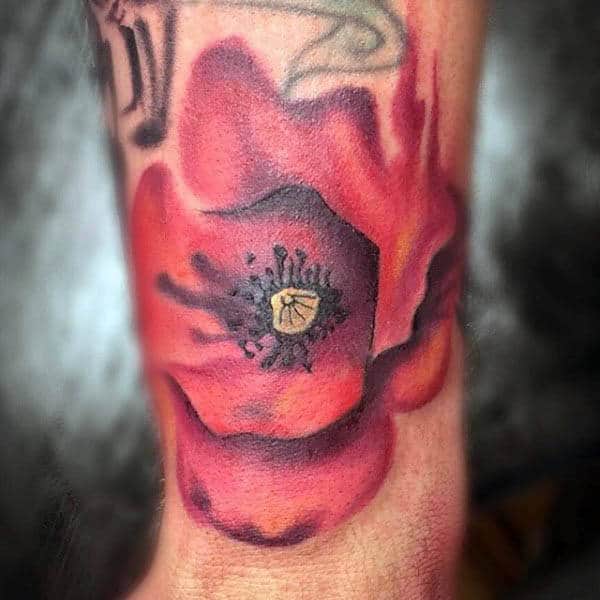 Watercolor Style Mens Poppy Tattoo On Forearm