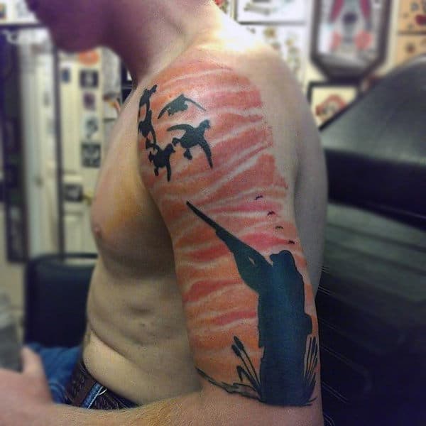 Watercolor Sunset Background Duck Hunting Half Sleeve Tattoo For Man