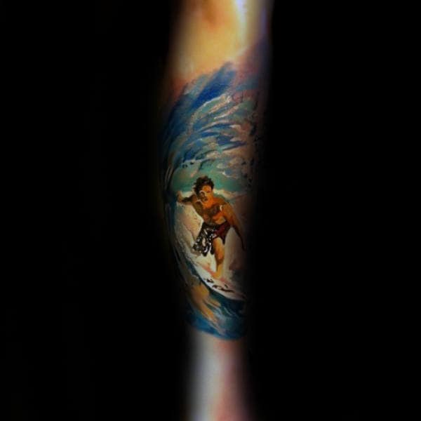 Watercolor Tattoo Of Surfing Man Mens Forearm