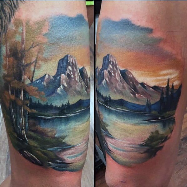 Watercolor Thigh Modern Guys Nature Tattoos