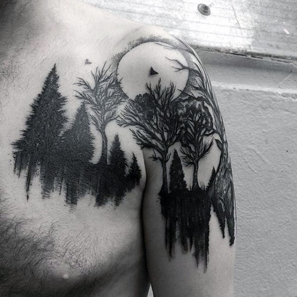 Watercolor Trees Landscape Moon Tattoo For Men On Shoulder And Arm