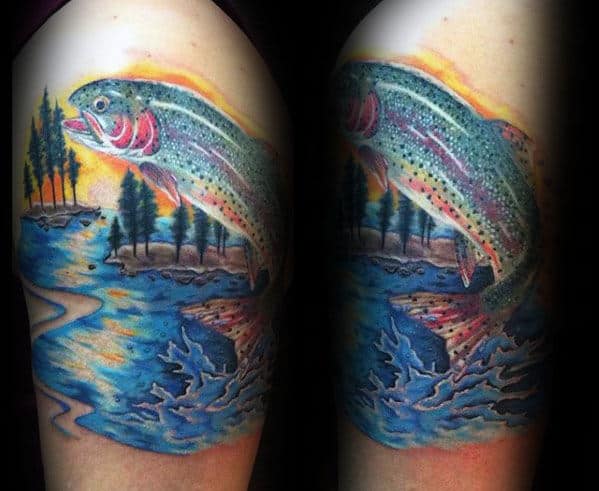 Watercolor Trout Jumping Out Of Water Arm Tattoo For Men