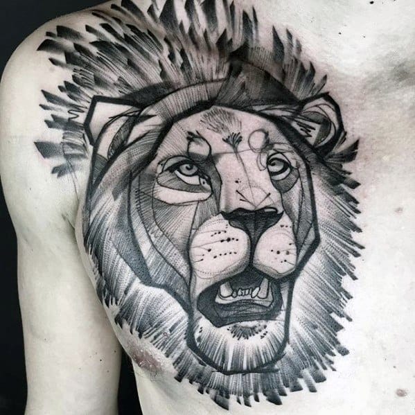 Watercolor Unique Chest Lion Head Tattoo For Men