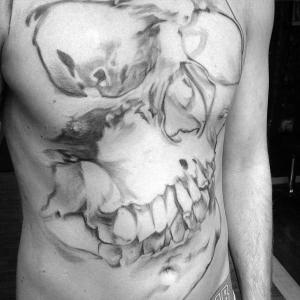Watercolor Unique Male Full Chest Skull Tattoo