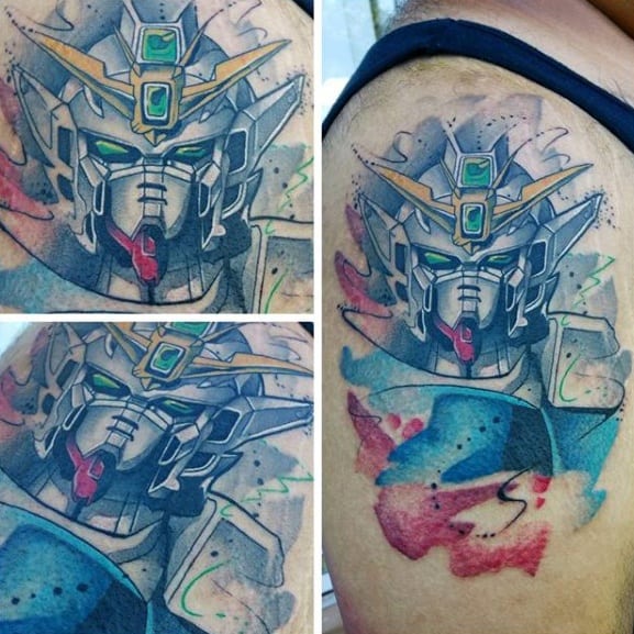 Watercolor Upper Arm Mens Gundam Tattoo Design Ideas