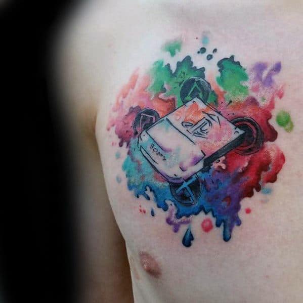Watercolor Upper Chest Mens Playstation Themed Tattoo Design Ideas