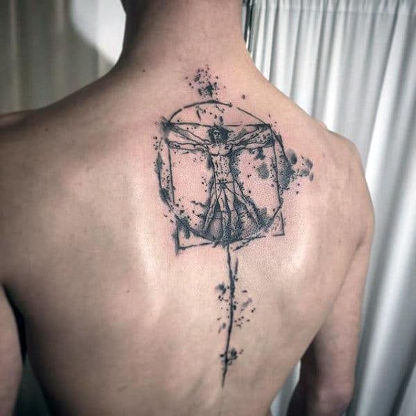 Watercolor Vitruvian Man Upper Back And Spine Tattos For Guys