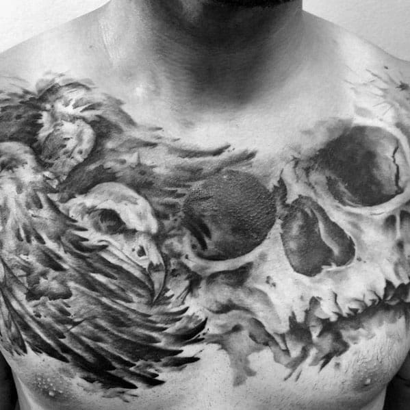 Watercolor Vulture Skull Mens Upper Chest Tattoos