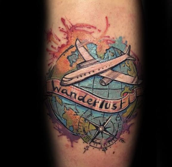 Watercolor Wanderlust Airplane Mens Forearm Tattoo