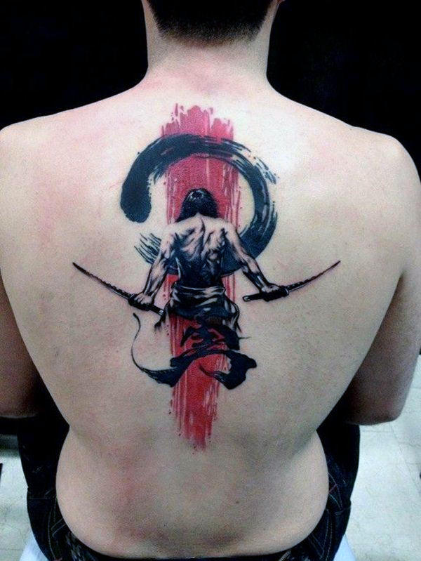 Watercolor Warrior Guys Katana Back Tattoos
