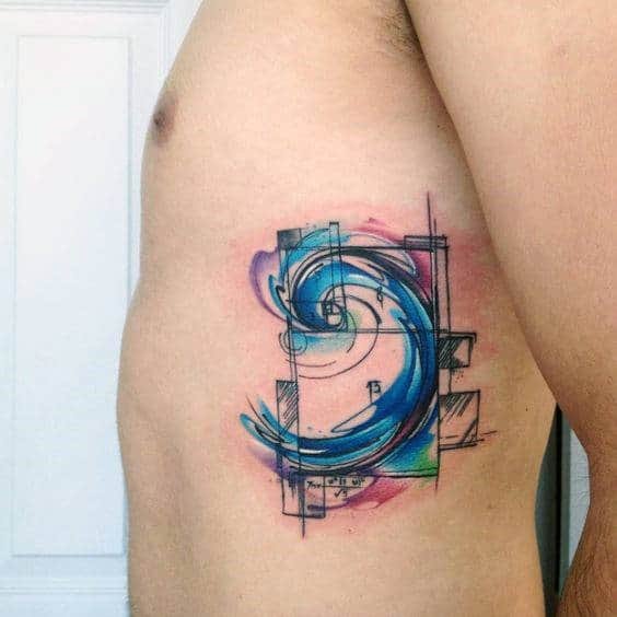 Watercolor Wave Fibonacci Spiral Mens Rib Cage Side Tattoos