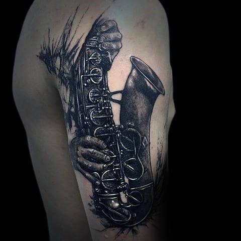 Watercolor White And Black Ink Saxophone Arm Tattoos For Men