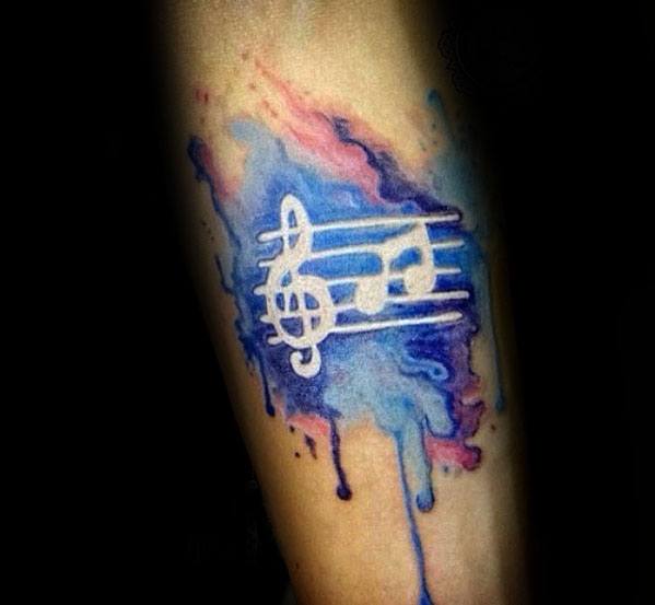 Watercolor White Ink Music Staff Male Tattoo Ideas On Forearm