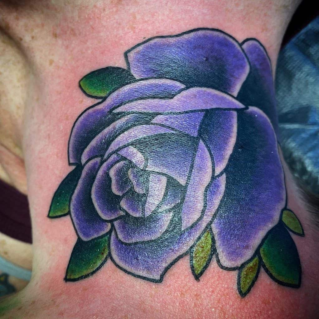 Purple rose tattoo with green leaves on the neck