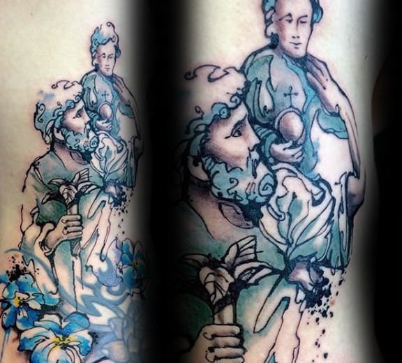Watercolro Guys Blue Ink Saint Christopher Arm Tattoos