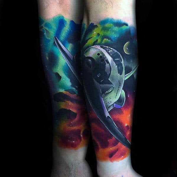 Watercoor Outer Space Neon Mens Spaceship Forearm Sleeve Tattoo