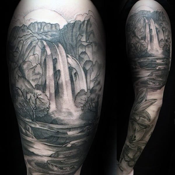 Waterfall Landscape Full Tattoo Sleeve For Guys
