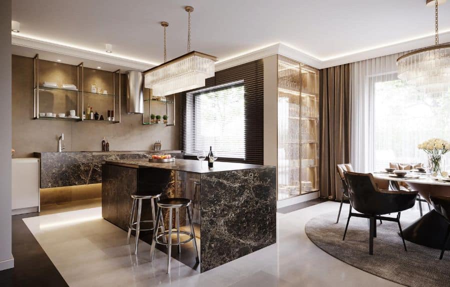 open plan kitchen and dining room in modern apartment