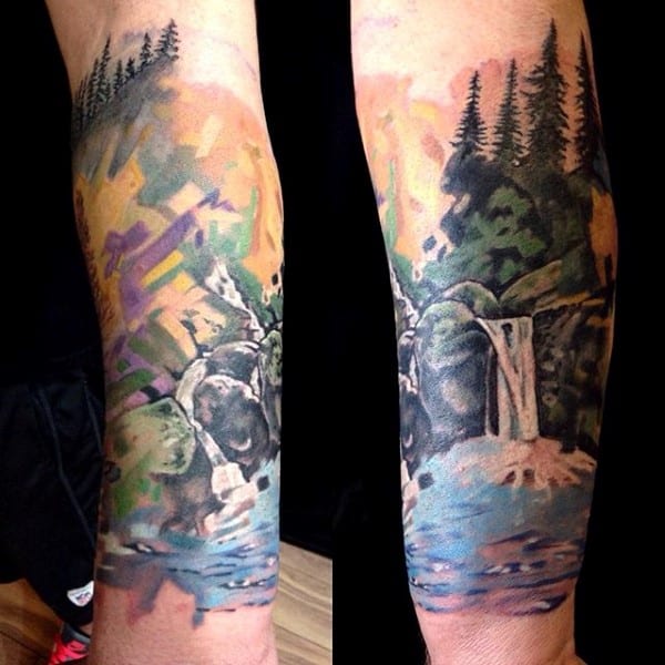 Waterfall Tree Sleeve Forearm Tattoo For Guys With Watercolor Design