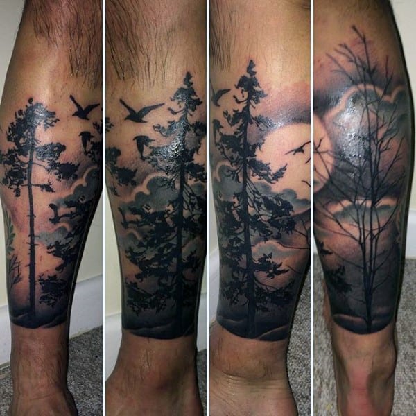 Wateroclor Forest Mens Lower Leg Tattoo Design Ideas