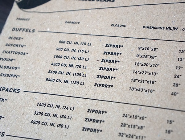 Watershed Drybags Specs