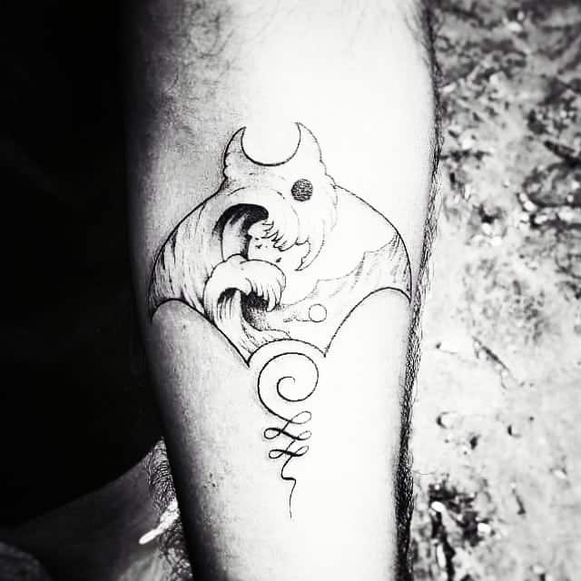 Unalome tattoo with a wave and bat-like design, symbolizing life's journey, strength, and the balance between chaos and tranquility.