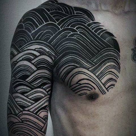 Waves Guys Black Ink Unique Line Chest And Sleeve Tattoos