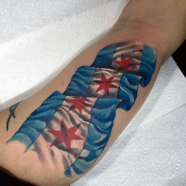 Waving Chicago Flag Mens Forearm Tattoo Inspiration