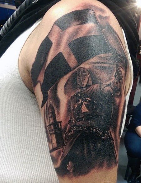 Waving Flag Knight Templar Tattoo For Men