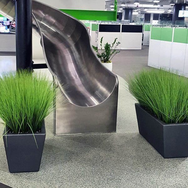 An office with a sleek metal slide, flanked by lush green plants
