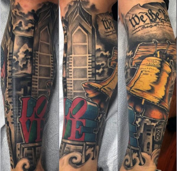 We The People Mens Realistic Liberty Bell Sleeve Tattoos