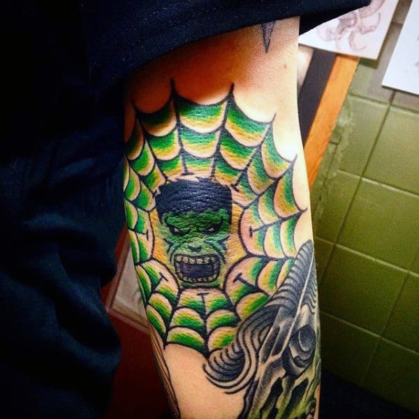 Webbed Green Hulk Tattoo Male Shoulders