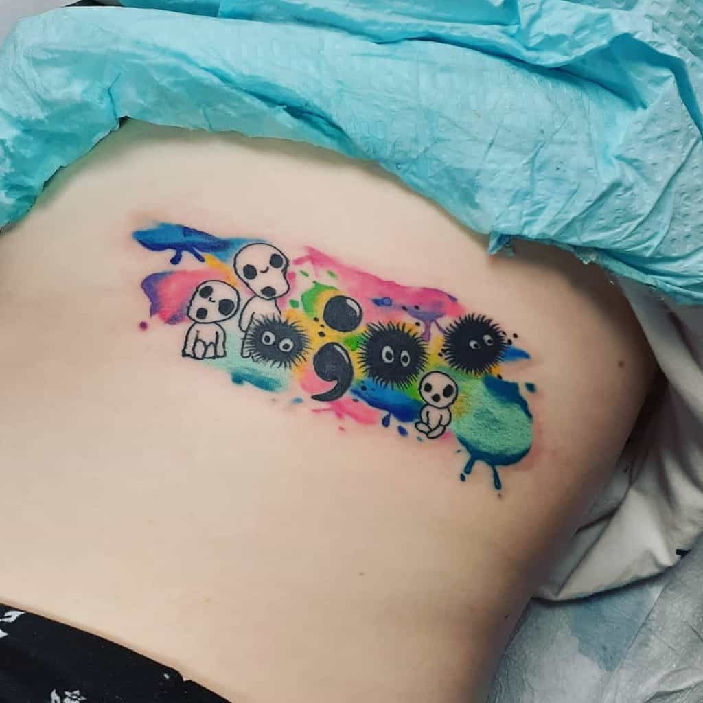 Colorful tattoo of soot sprites and Kodama spirits on skin