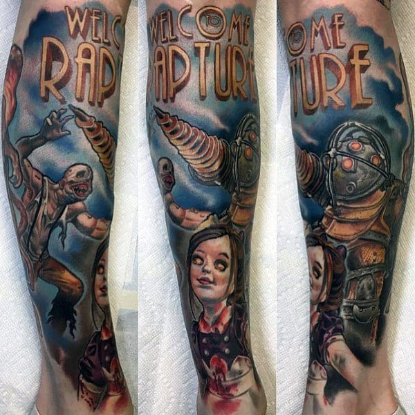 Welcome To Rapture Bioshock Male Leg Sleeve Tattoos