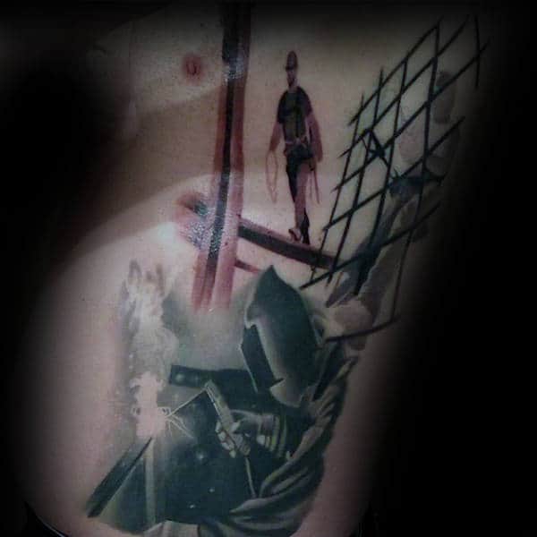 Welder Walking Out On Steel Beam Guys Rib Cage Side Tattoos