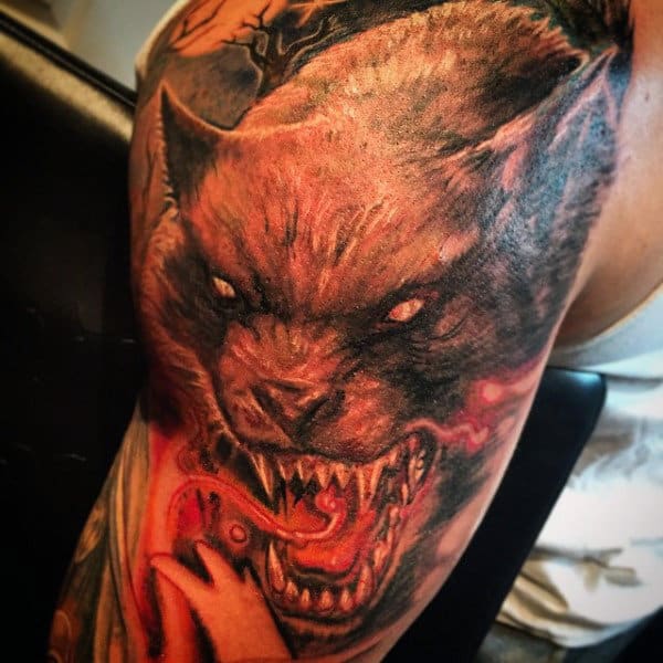 Werewolf With Blazing Red Tongue Tattoo Guys Arms