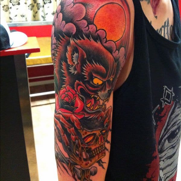 Werwolf Rose And Skull Tattoo Male Upper Arms