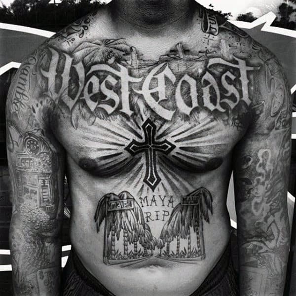 West Coast Mens Old English Chest Tattoo Design