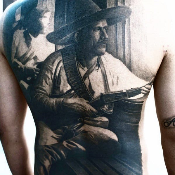 Western Fighter Mens Badass Cowboy Back Tattoo Designs