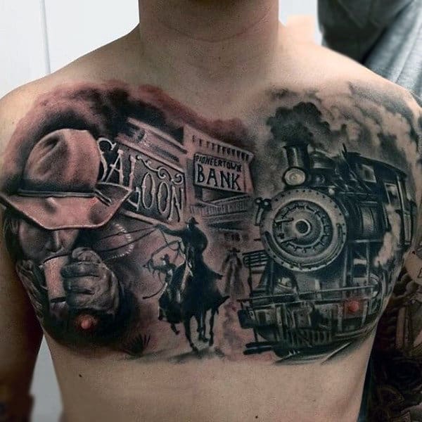 Western Movie Scene Chest Piece Tattoo With Locomotive And Saloon On Guy