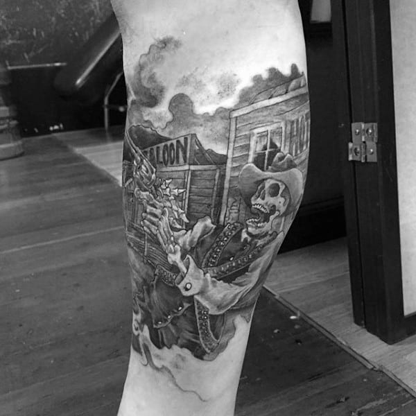 Western Shootout Scene With Skeletons Grey And Black On Guys Leg