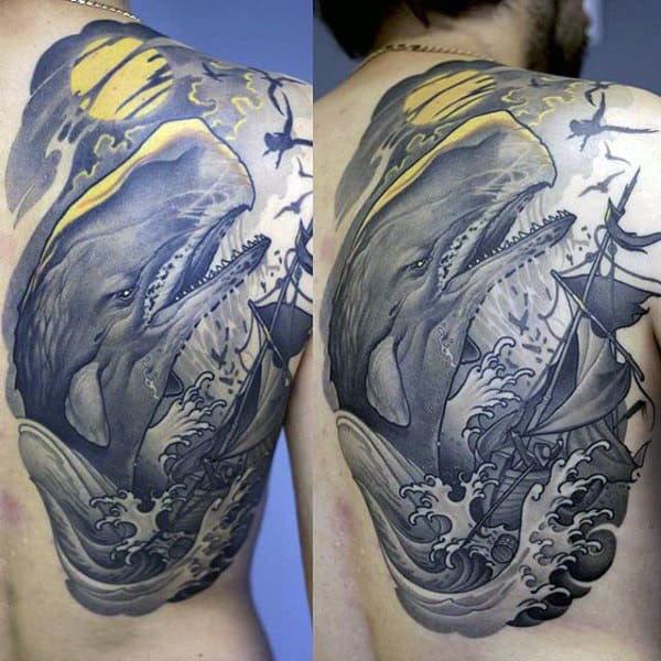Whale Black Ink Sailing Ship Guys Back Tattoo
