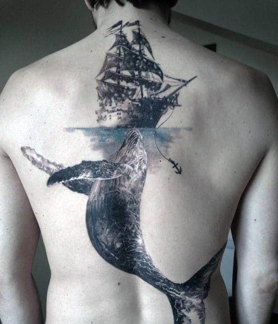 Whale Lifting Up Ship Underwater Mens Full Back Tattoos