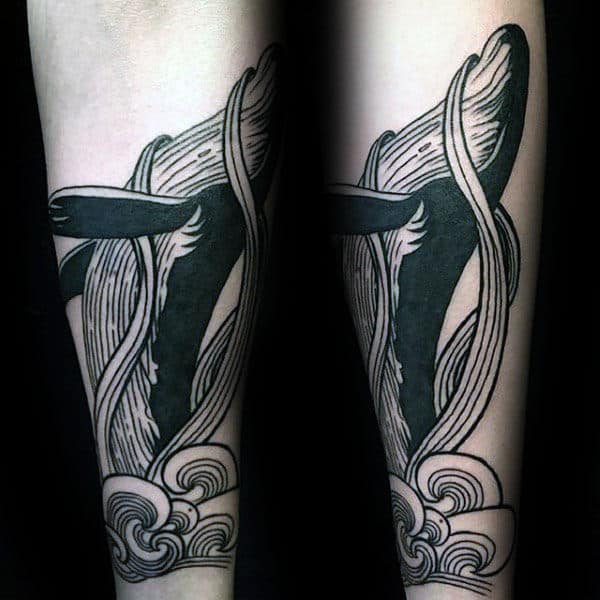 Whale Lines Ocean Waves Guys Forearm Tattoo Designs
