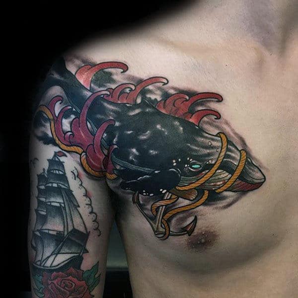 Whale Moving Anchor With Rope Guys Shoulder And Chest Tattoo