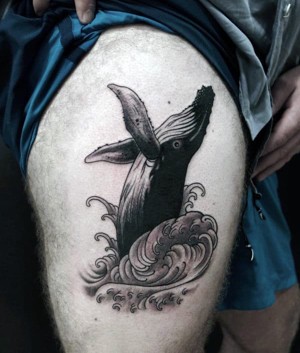 Whale Splashing In Wave Mens Thigh Tattoos